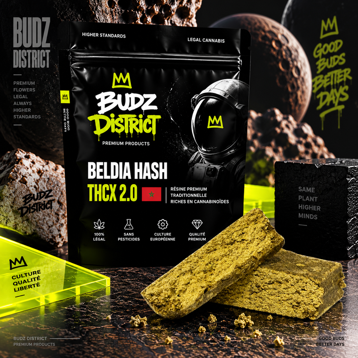 Beldia Hash THCX 2.0 – sachet BUDZ DISTRICT, résine THCX 2.0