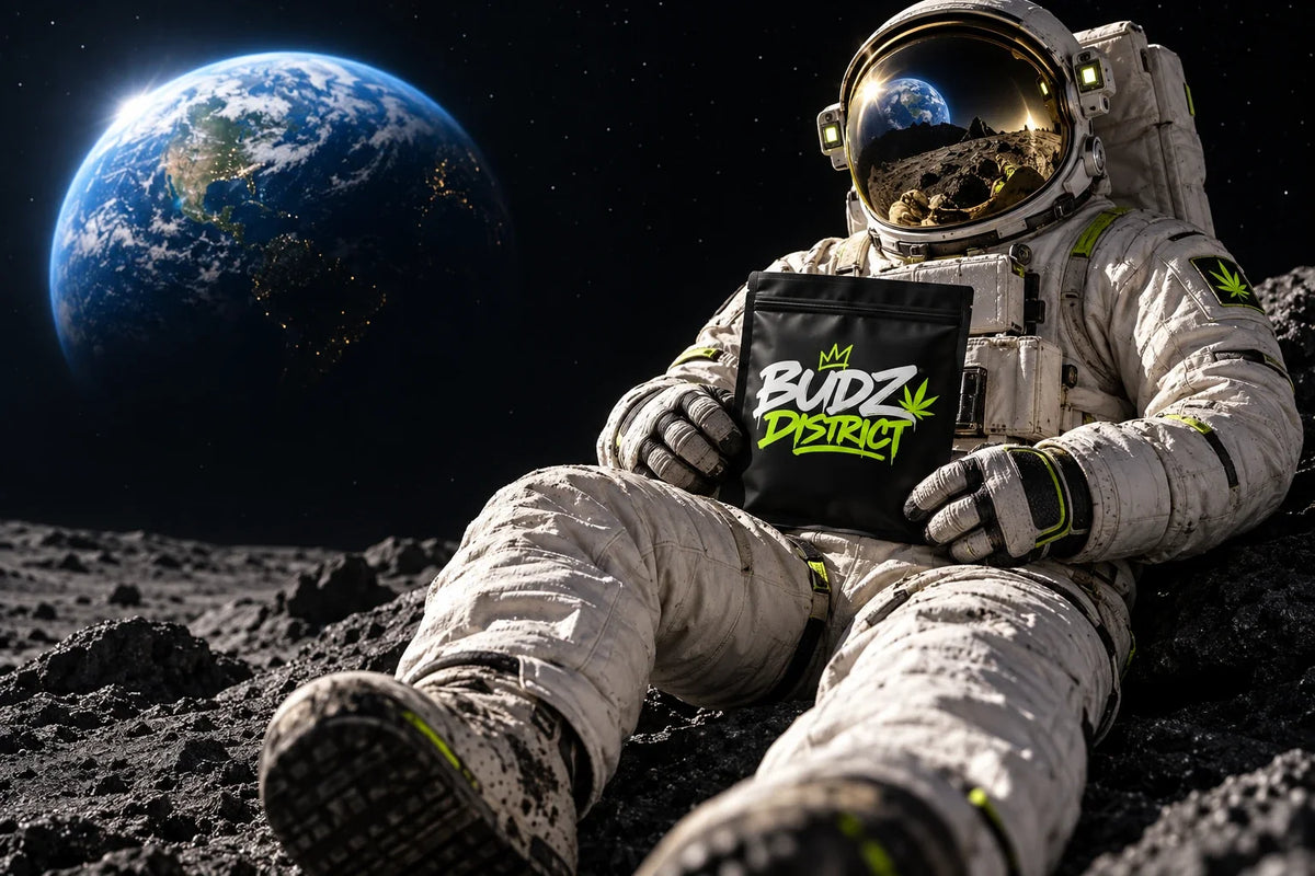 Astronaute BUDZ DISTRICT sur la Lune, la Terre en arrière-plan